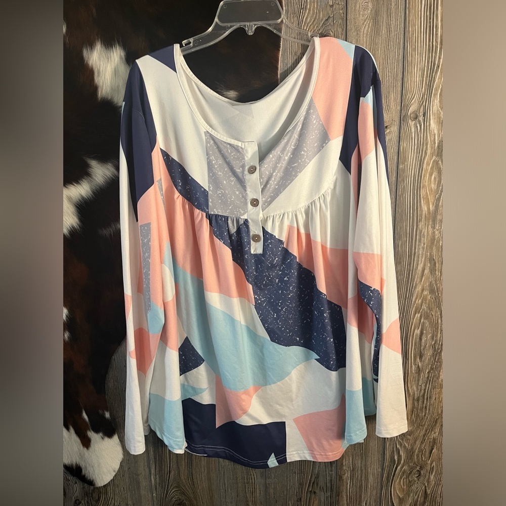 Shein 3X pastel pink and blues with white abstract long sleeve lightweight